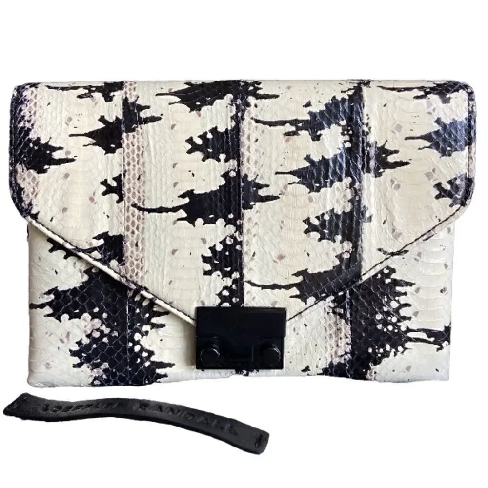 Loeffler Randall Snakeskin Leather Black White Clutch Embossed Envelope Lock